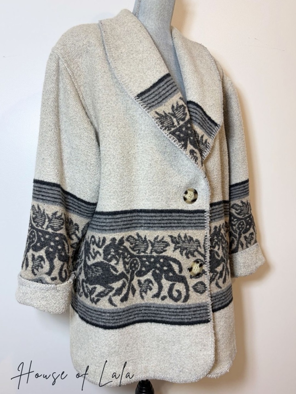Vintage Wool Sweater Jacket Animal Print Shawl Collar Western Heritage Lodge